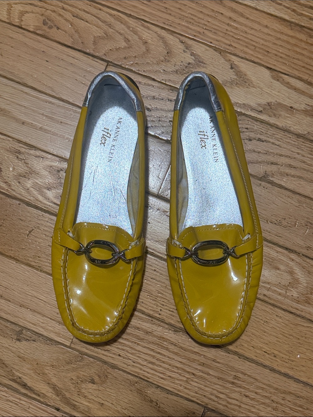 Cute Anne Klein "iflex" Jalia Mustard Yellow Leather Loafers with Silver Buckles